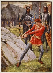 Arthur drar svärdet från stenen, frontispicen "Stories of the Knights of the Round Table" av Henry Gilbert, första upplagan, 1911